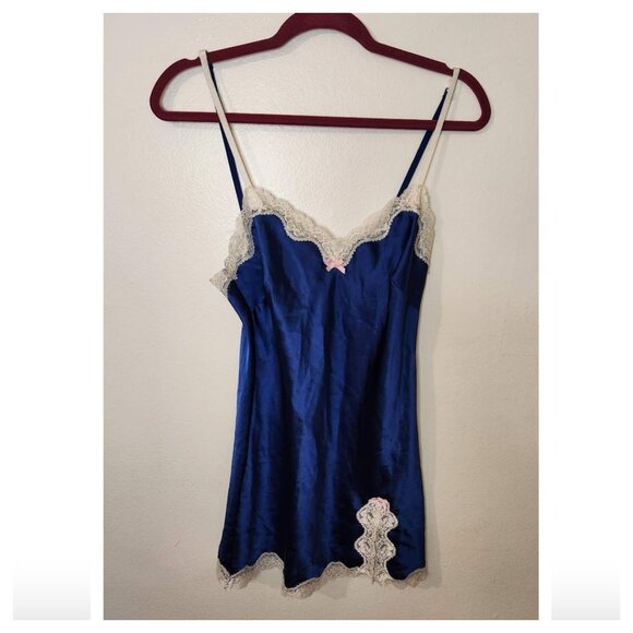 Vintage Victorias Secret 90s Y2K Blue White Lace Trim Slip Dress - Picture 2 of 7